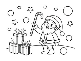 Santa Claus with gifts and candy cane outline line art doodle cartoon illustration. Winter Christmas theme coloring book