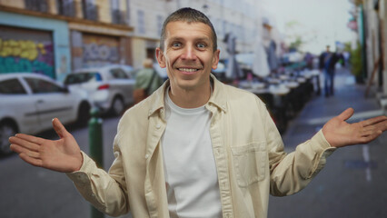 Naklejka premium Smiling man in beige shirt on urban street with colorful graffiti and parked cars exuding positivity in outdoor setting.