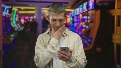 Caucasian man using smartphone in a vibrant casino, surrounded by colorful slot machines, focusing on his device indoors.
