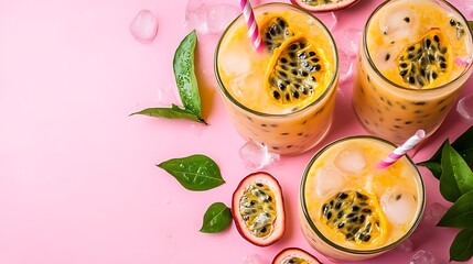 Sweet passion fruit milk with ice on pink background