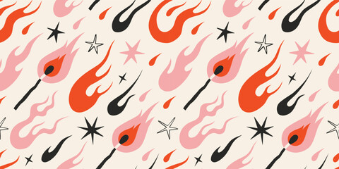 Seamless pattern with dynamic flaming match, flames, fire and stars on light background. Trendy vector illustration in y2k aesthetic, vintage, old school tattoo neo tribal style, hand drawn
