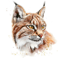 Lynx Close Up, watercolor clipart vector, isolated on a white background.