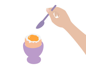 European Women Hand Hold spoon under Soft Boiled Egg in Lavender Egg Bowl Healthy breakfast design