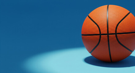 Basketball rests in a spotlight against a soft blue backdrop, its texture and contours carefully highlighted.