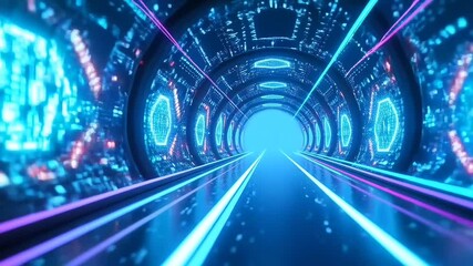 Futuristic neon sci-fi tunnel with glowing lights and perspective depth in 4k animation - Powered by Adobe