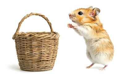 Golden hamster standing near a wicker basket on white background, cute pet looking up