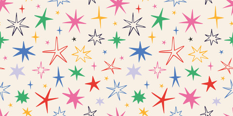 Seamless pattern with scribble stars and sparks. Cheerful and trendy design for festive decor. Christmas, birthday print in vibrant colors. Modern vector illustration on light background, hand drawn