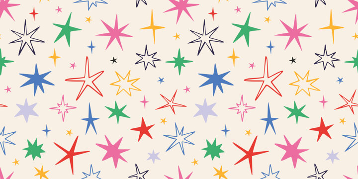 Seamless pattern with scribble stars and sparks. Cheerful and trendy design for festive decor. Christmas, birthday print in vibrant colors. Modern vector illustration on light background, hand drawn - Powered by Adobe
