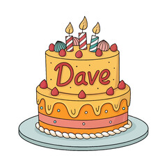 Birthday Cake with Lit Candles and Name Decoration Vector Illustration Isolated. Delicious Happy Birthday Cake with the name Dave