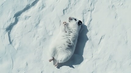 Adorable hamster lying on its back in snow basking in sunlight enjoying winter day outdoors
