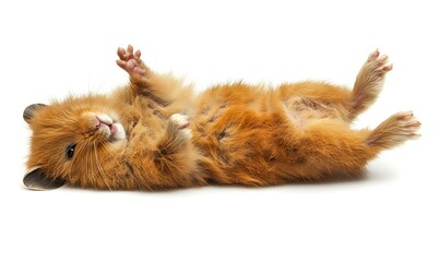 Adorable golden hamster lying on its back isolated on white background in studio shot