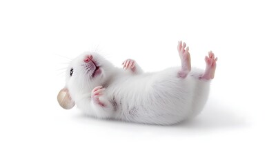 Adorable white pet rat lying on its back with paws up in a playful pose on white backdrop