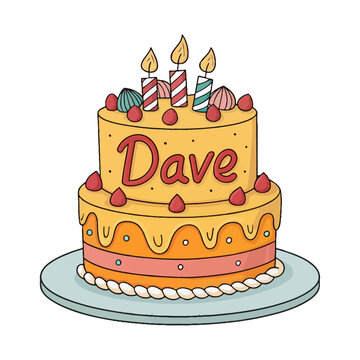 Birthday Cake with Lit Candles and Name Decoration Vector Illustration Isolated. Delicious Happy Birthday Cake with the name Dave