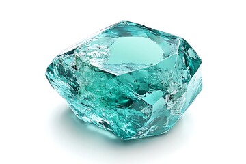Aquamarine gemstone mineral rough crystal specimen on white. Precious stone close-up shot