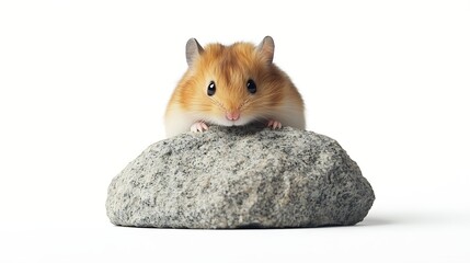 Golden hamster portrait on rock against white background. Cute pet rodent looking at camera
