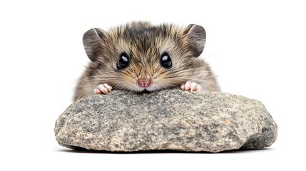 Adorable hamster portrait peeking over a rock with curious eyes in studio shot on white