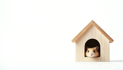 Adorable hamster peeking out of wooden house on white background. Pet rodent in cozy home