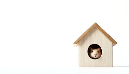 Adorable hamster peeking from wooden house, small pet rodent in cozy home, animal portrait