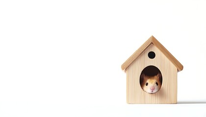 Adorable hamster peeking out of a wooden house on white background, cute pet rodent portrait
