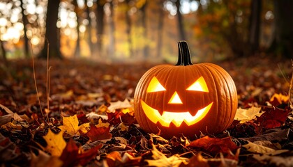 Glowing Jackolantern in Autumn Forest with Halloween Holiday Concept.