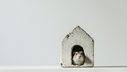 Adorable hamster peeking from a cozy house. Cute rodent portrait in miniature home setting