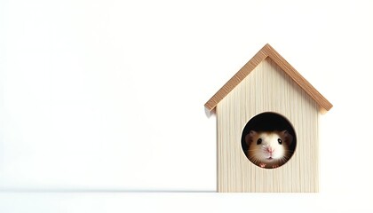 Cute hamster peeking out of a wooden house. Adorable rodent in a miniature home.