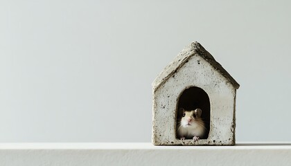 Cute hamster in a tiny house looks curious, pet rodent in a miniature home, small animal friend