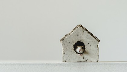 Adorable hamster peeking out of a toy house, cute little rodent in miniature home, animal portrait