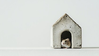Adorable hamster peeking out of a miniature house in a cozy setting, ideal for pet lovers