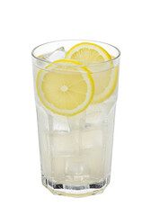 Refreshing drink with lemon slices, ice cubes, a light yellow tint, in a clear glass