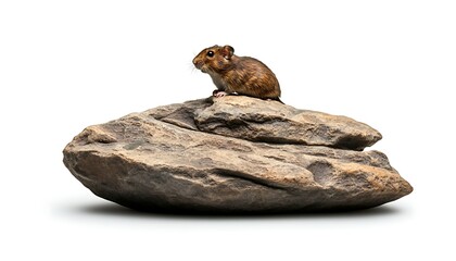 Brown field mouse perched on a rock, isolated on white for nature and wildlife themes