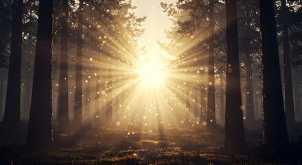 Obraz premium Sunbeams through misty forest magical nature scene peaceful tranquility serene woods sunlight rays mystical magical light