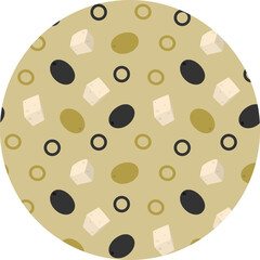 Freehand Dark and green Olives Whole and slice and Cheese Cubes Seamless Pattern on Circle Backdrop