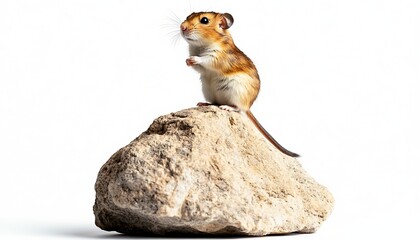 Cactus mouse perched on a rock against white background, showcasing wildlife detail and charm