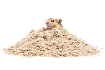 Hamster in sand pile waving its paw against white background. Cute pet concept