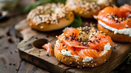 Close up of bagels with cream cheese and salmon on a wooden board for a delicious breakfast treat