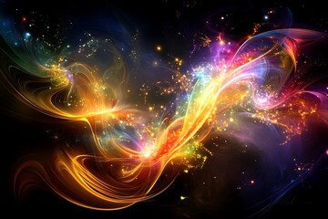 Abstract cosmic energy burst with vibrant light trails and sparkling particles, a dynamic wallpaper