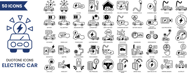 Electric car icon set in duotone style. Electric car icon set Containing battery, ecology, electric vehicle, charging station, plug-in and more. Vector illustration
