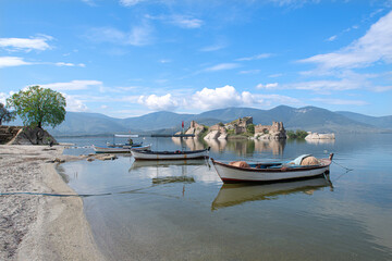 Kapıkırı, Muğla, Turkey; Herakleia Ancient City or Latmos Herakleia in Lake Bafa is one of the urban settlements of the Ancient Ionian region. Fishing boats in Lake Bafa.