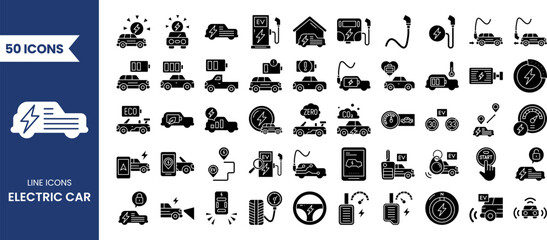 Electric car icon set in solid style. Electric car icon set Containing battery, ecology, electric vehicle, charging station, plug-in and more. Vector illustration