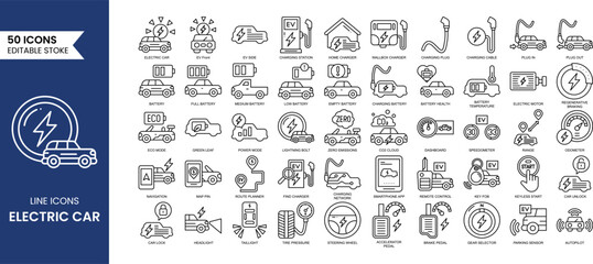Electric car line editable icon set. Electric car icon set Containing battery, ecology, electric vehicle, charging station, plug-in and more. Vector illustration