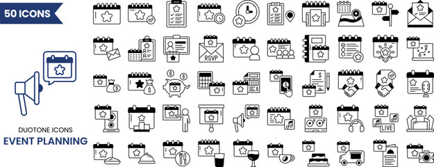 Event planning icon set in duotone style. Containing birthday, wedding, event, catering, invitation, entertainment and more. Vector illustration