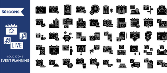 Event planning icon set in solid style. Containing birthday, wedding, event, catering, invitation, entertainment and more. Vector illustration