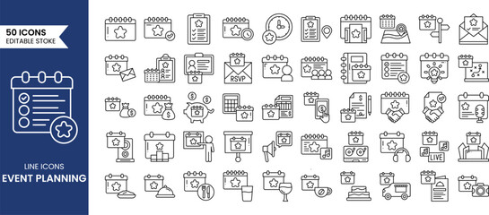 Event planning line editable icon set. Containing birthday, wedding, event, catering, invitation, entertainment and more. Vector illustration