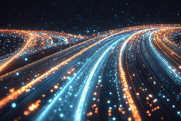 Abstract data stream visualization with glowing particles and lines for digital technology