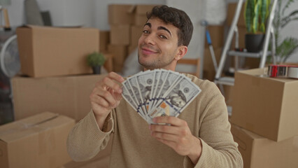 Man with money holds bills in home as hispanic young tenant loads new boxes moving cash.