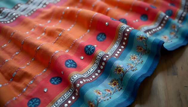 &ldquo;Detailed view of a Bandhani saree pallu with tie-dye dot patterns and mirror work embellishments, shot under natural daylight for color accuracy.&rdquo;