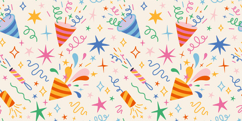 Colorful seamless pattern with party poppers, confetti, streamers, stars and celebration elements. Trendy modern vector illustration on light background, hand drawn, flat design