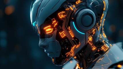 Close up of a futuristic robot with glowing orange circuits and blue accents on a dark background