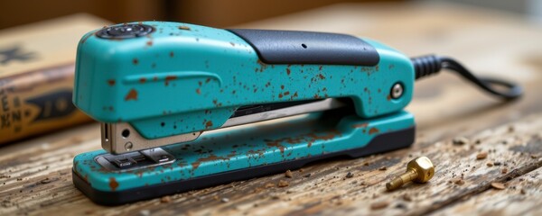 Teal Rusty Distressed Stapler on Wooden Surface